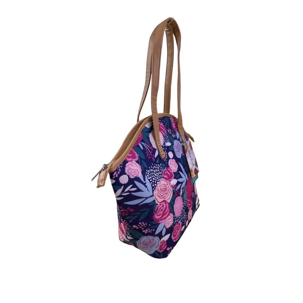 Fit + Fresh Women’s Navy Blue Floral Insulated Lunch Tote With Dual Tan Handles - Picture 2 of 11